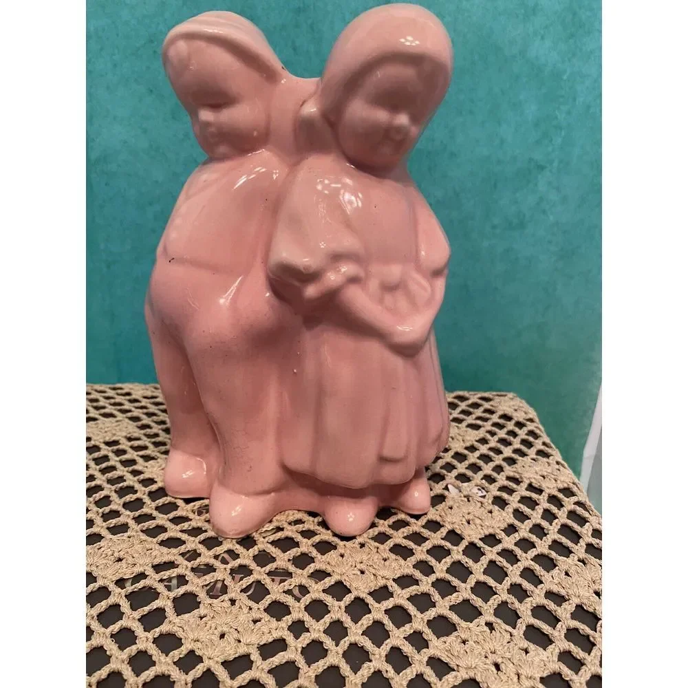 Antique 1940's Ceramic Art Flower Vase with Boy and Girl **Please See Last Photo